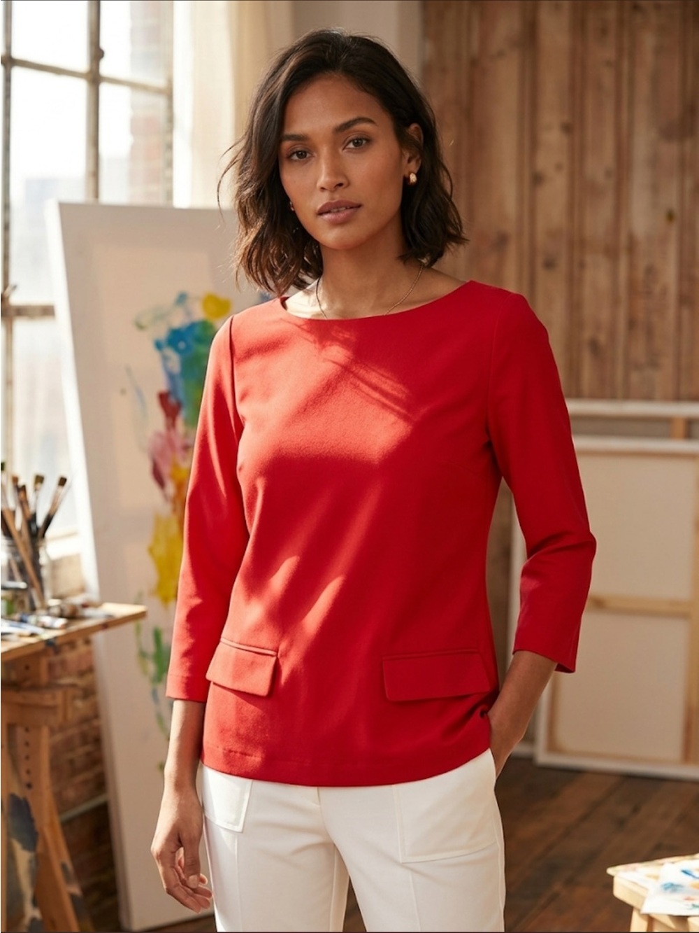 Roberta Freymann Red Tunic Blouse Long Sleeve Minimalist Elegant Top size M